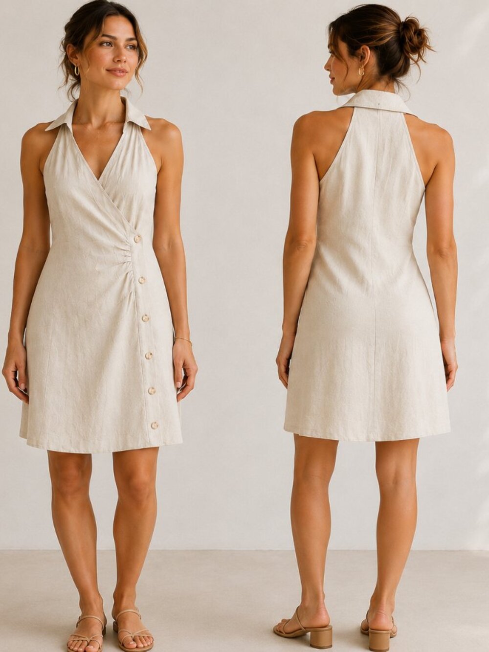 MANGO MNG Beige Wrap Mini Dress XS US 2 Collared Sleeveless
